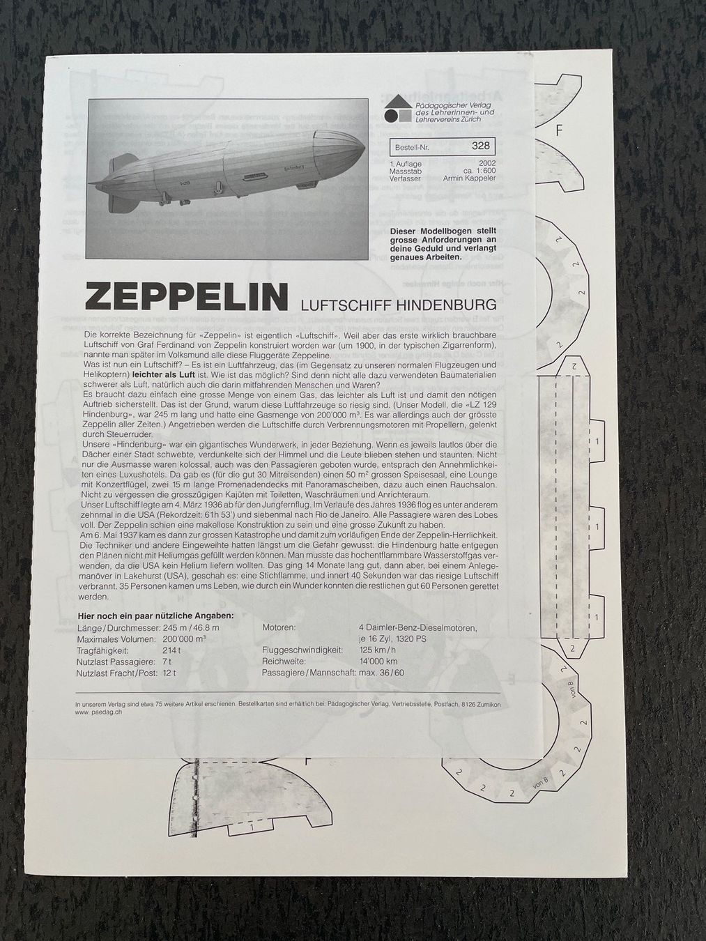 Kit bricolage: Bastelbogen Zeppelin / Luftschiff Hindenburg Nr.328 – Nuovo (secondo la descrizione) da Füllinsdorf venduto da bienli