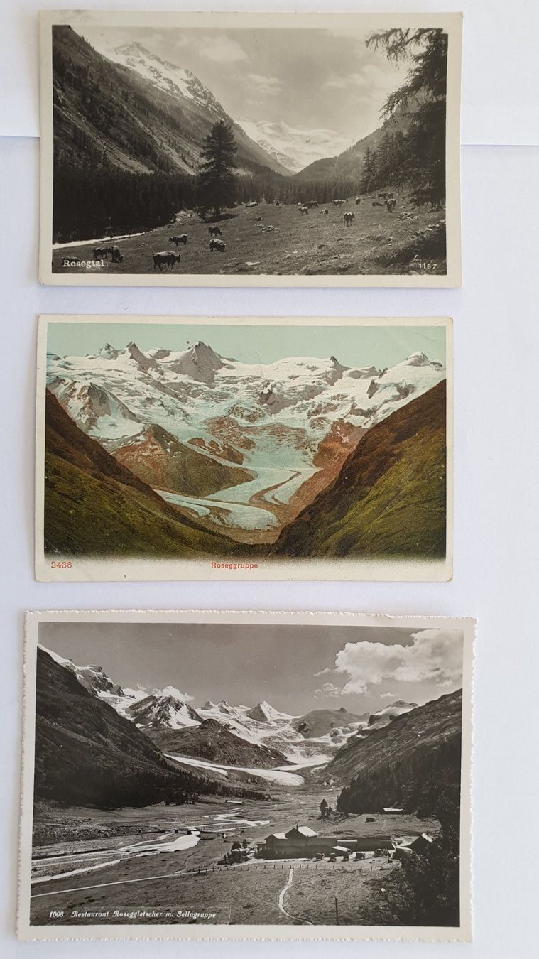 Cartoline postali: Roseggletscher. Oberengadin. Graubünden. 3 Ansichtskarten. – Usato da Goldach venduto da armando_r