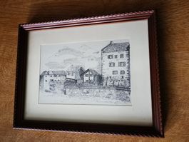 Cadre avec dessin à l’encre, ville de « Viège » / Visp