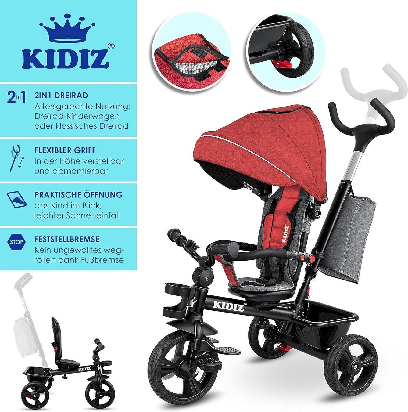Laufräder: KIDIZ Dreirad 5in1 mit Lenkstange rot – Neu und originalverpackt aus Bottighofen von zaap 1