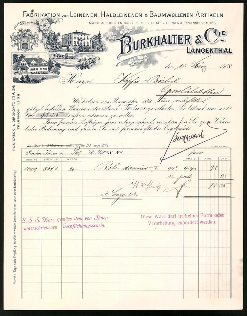 Autres collections & raretés: Rechnung Langenthal 1918, Fabrikation vo – D'occasion à Berlin par bartko-reher