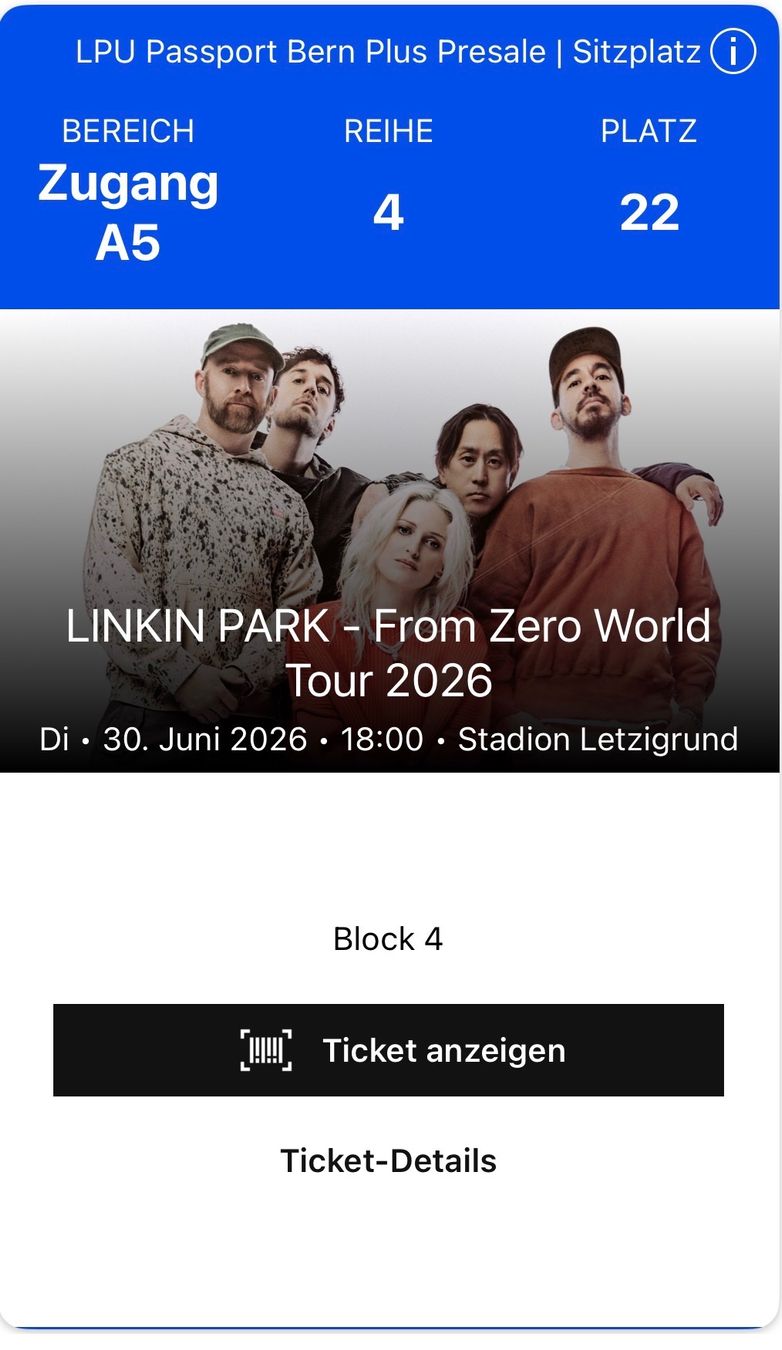 Tickets: 2Tickets Linkin Park - Letzigrund 30.06.2026 Block 4 – Neu und originalverpackt aus Islikon von Butterscotch1 2