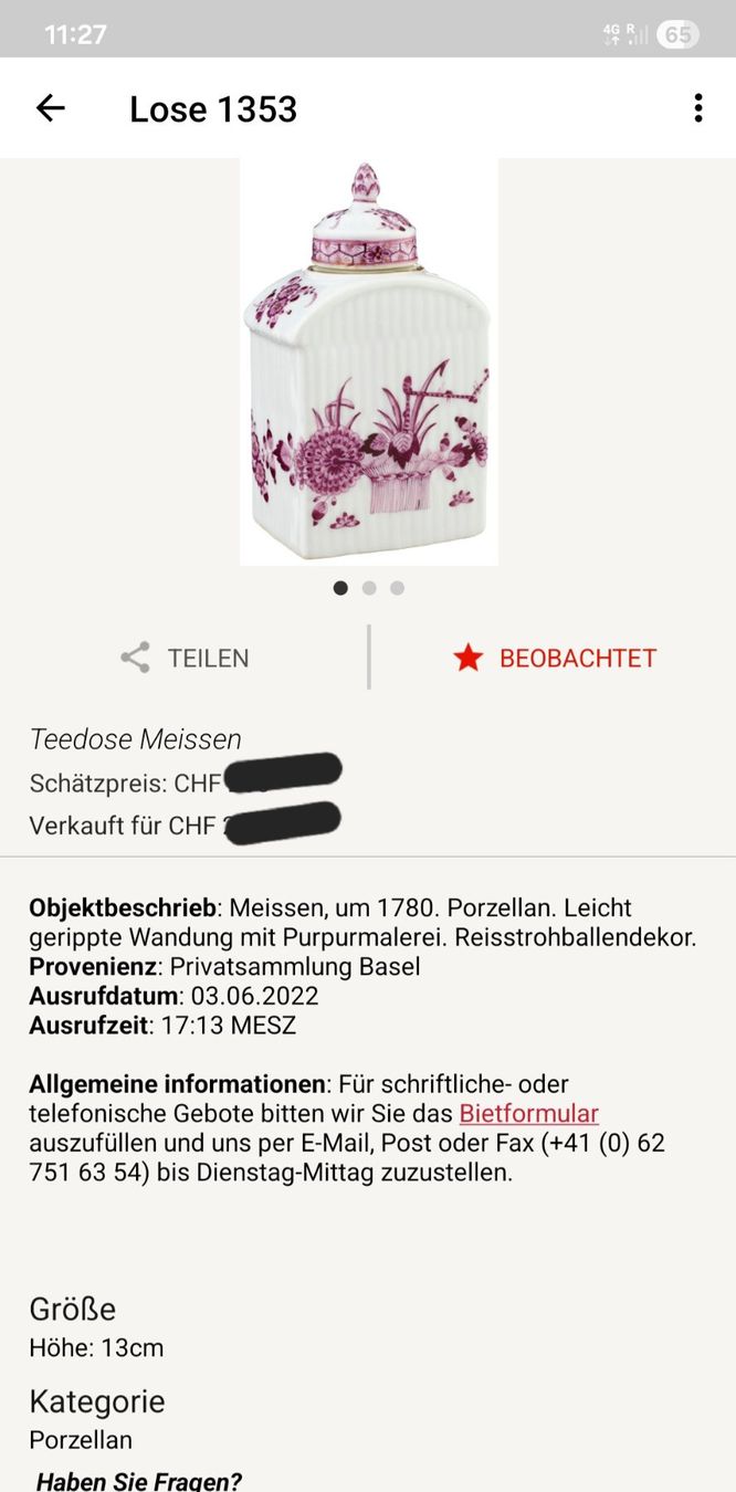 Zuccheriere: Meissen Teedose um 1780 – Usato da Opfikon venduto da koiliebhaber 4