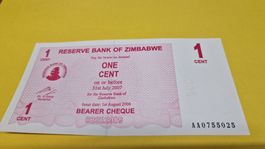 Zimbabwe 1 Cent Banknote, unzirkuliert, Jahr 2007, Rarität