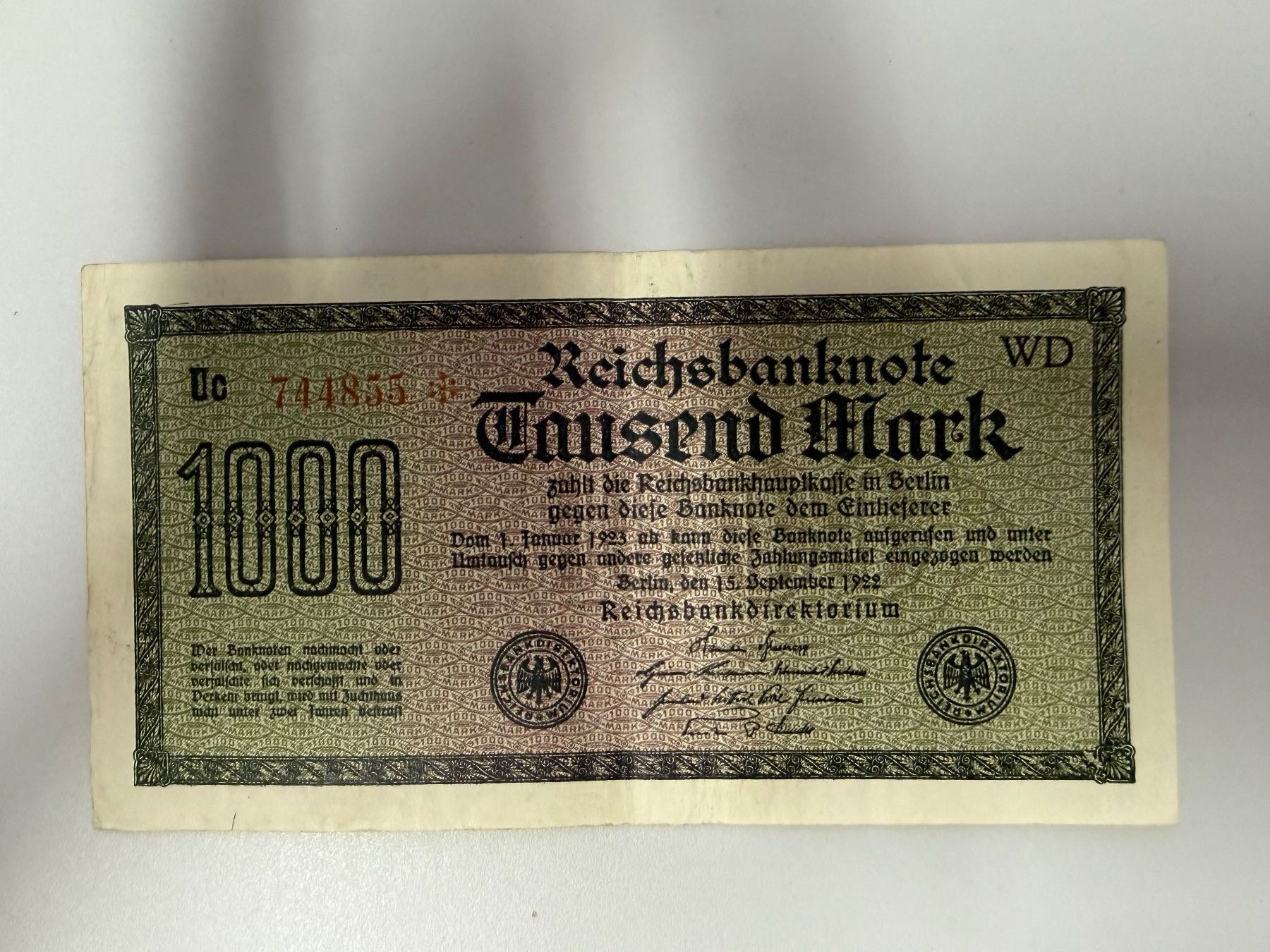 Banknoten: Banknote 1000 Mark 1922 – Gebraucht aus Diepoldsau von Luec0