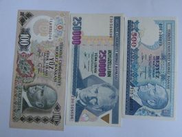 3 Banknoten Türkei 100, 250000, 500 Lira, diverse Jahrgänge