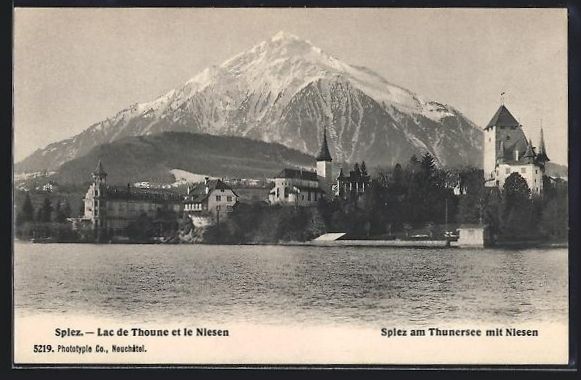 Cartoline postali: Spiez a. Thunersee, Ortspartie mit Niese – Usato da Berlin venduto da bartko-reher