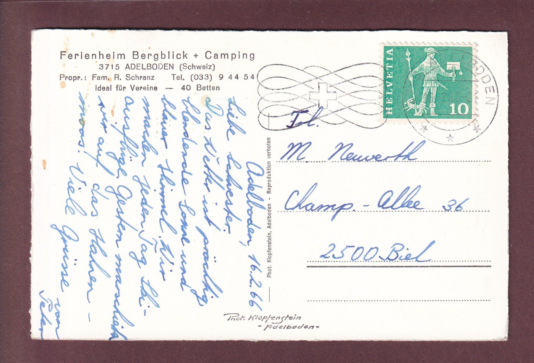 Cartoline postali: ADELBODEN - Ferienheim Bergblick - 1966 – Usato da Pully venduto da nicecards 1