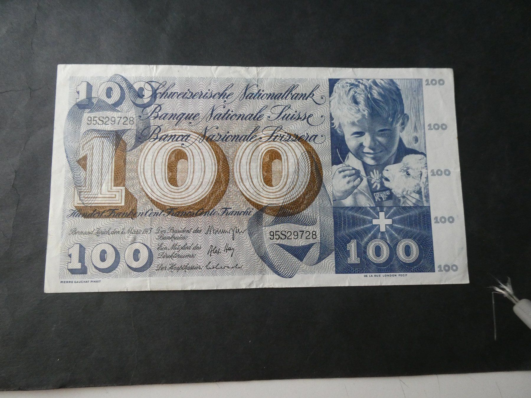 Banknoten: Schweiz 1973,  100 Franken – Gebraucht aus Hinterforst von Rohusri