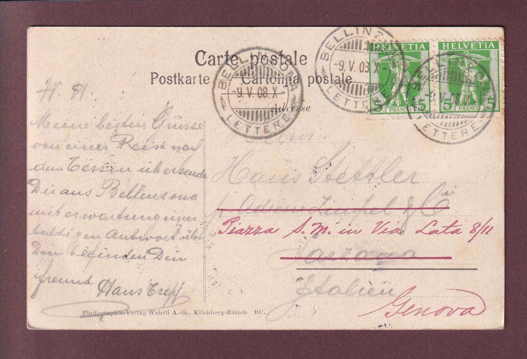 Ansichtskarten: BELLINZONA - Vista generale - 1908 – Gebraucht aus Pully von nicecards 1