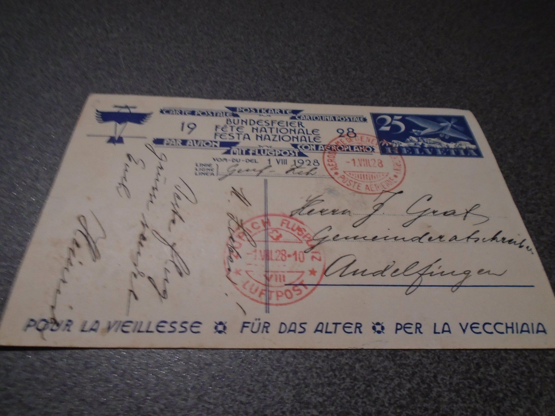 Cartes postales: Ansichtskarte Bundesfeier 1928, gelaufen – D'occasion à Zürich par abraxas1291 1