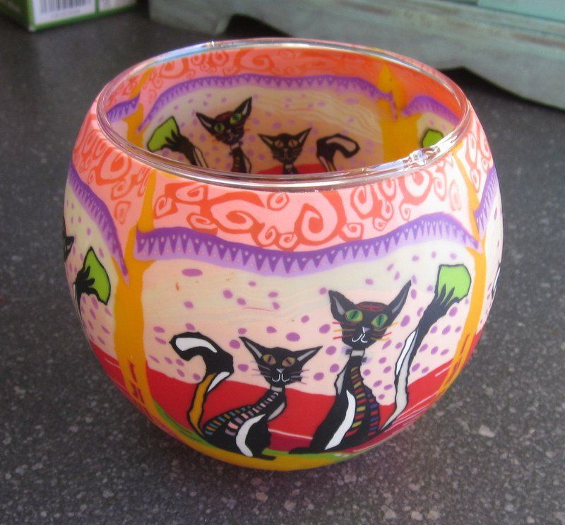 Portacandele: Windlicht, Teelichtglas mit Katzendecor – Usato da Bischofszell venduto da Pfau0 2