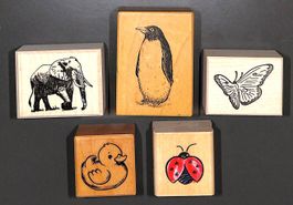 Tiere Stempel 🐘🐧🦋🐥🐞 (5x) Holzsockel mit Gummistempel