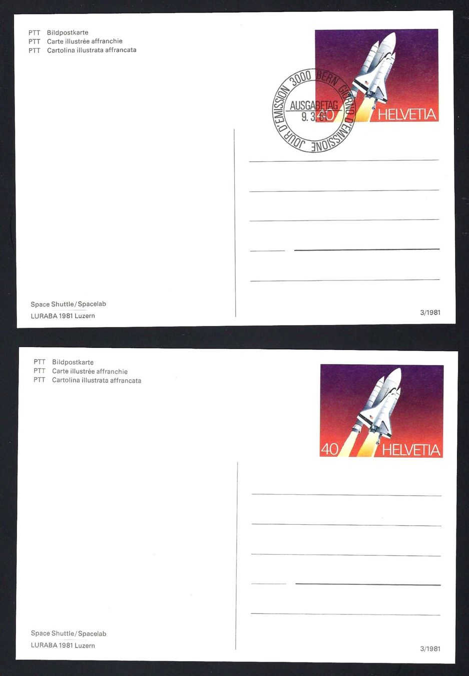 Cartoline postali: 1981 2 Bildpostkarten 40 Rp. Space Shuttle / LURABA, Luzern – Usato da Wädenswil venduto da Chimbo16