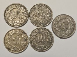 5 pièces de monnaie 1921 40 57 20 45 1/2 Franc en argent lot