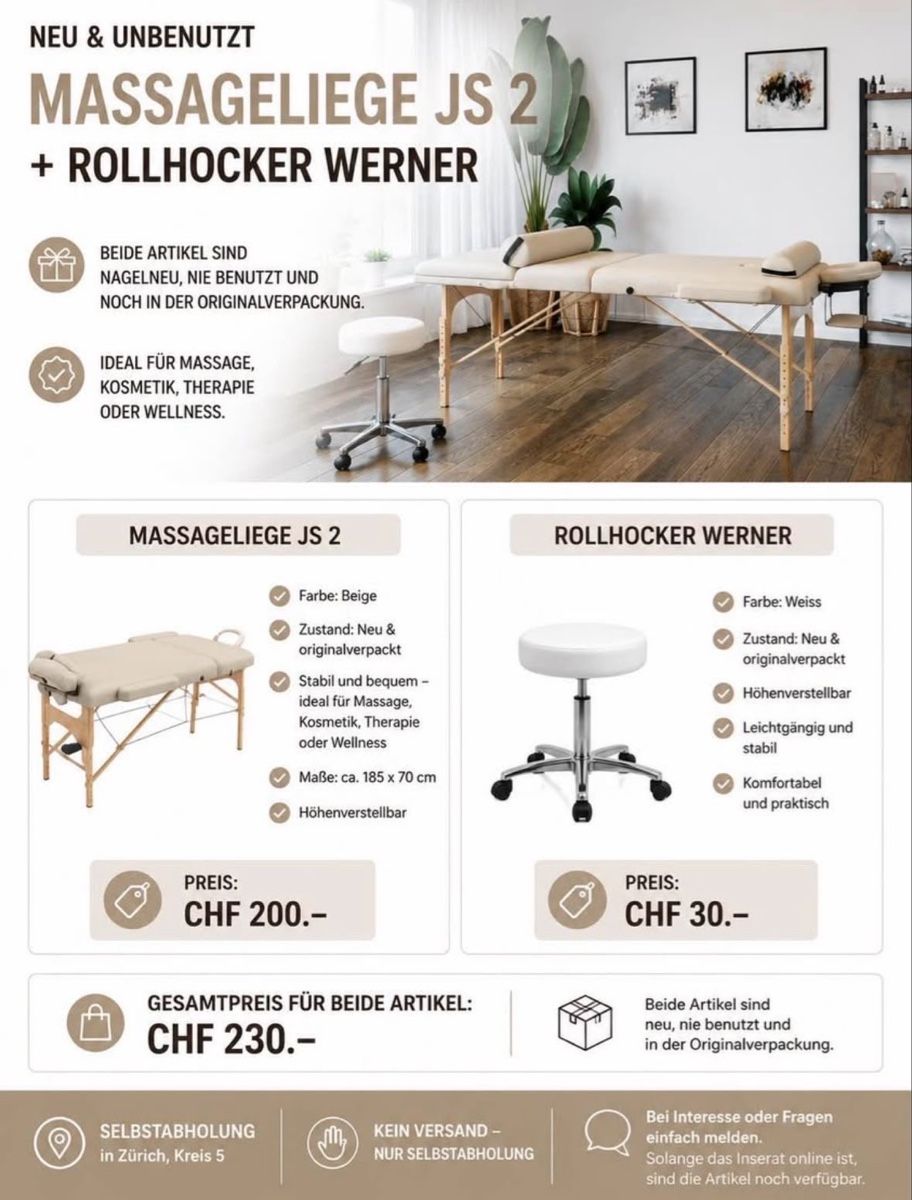 Lettini & sedie per cosmetici:  unbenutzte Massageliege JS 2 inkl. Rollhocker Werner – Nuovo e nell'imballaggio originale da Zürich venduto da r.braz20