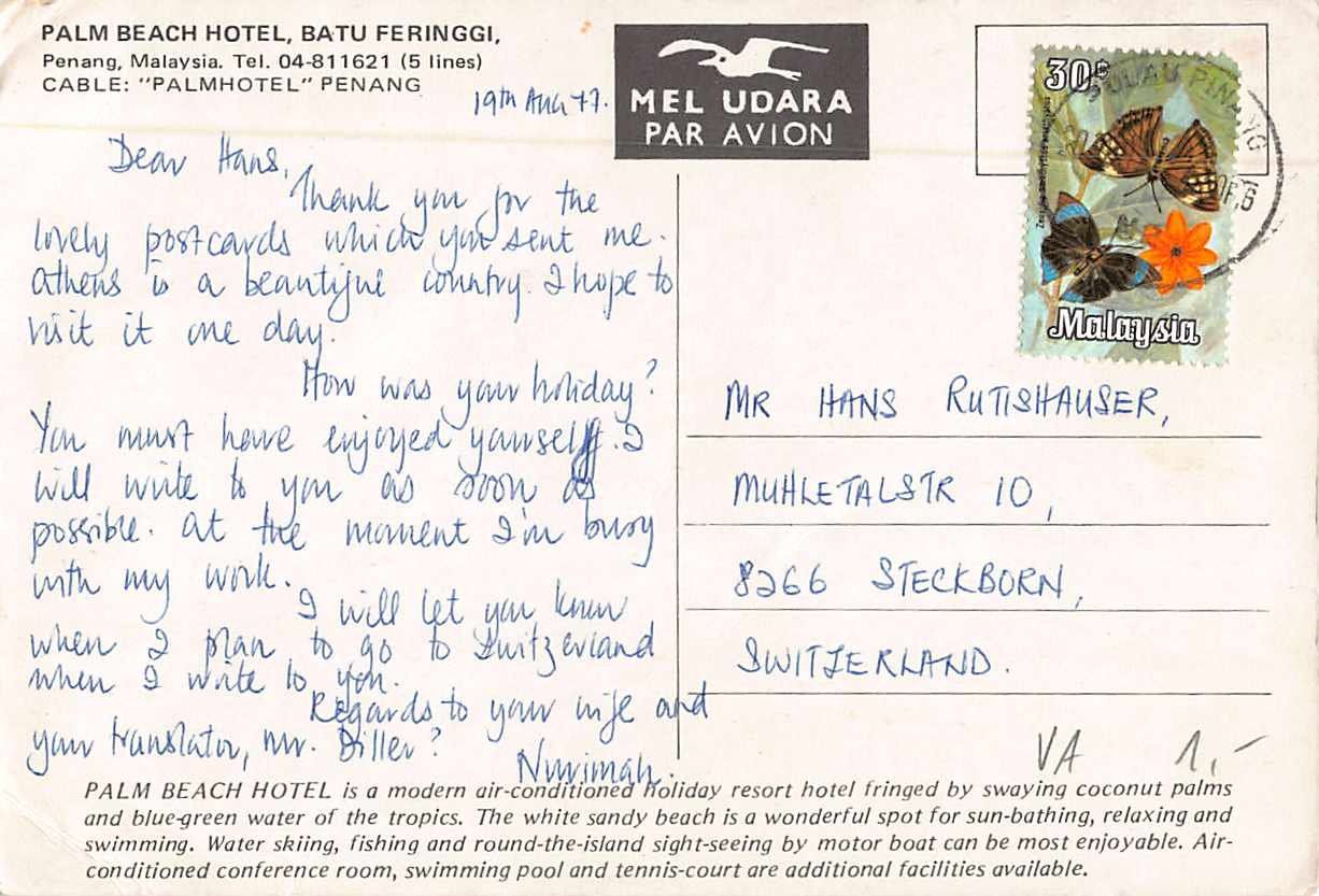 Cartoline postali: EXOTISCHE Ansichtskarten 4x MALAYSIA in die Schweiz – Usato da Lufingen venduto da TopAnsichtskarten 1