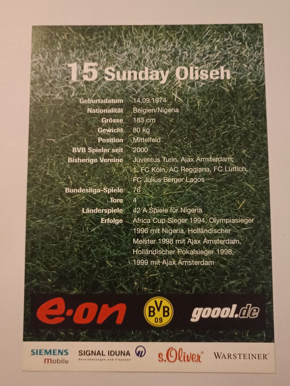Autografi: Sunday Oliseh - Borussia Dortmund  Handsigniert – Usato da Menziken venduto da Artographs 1