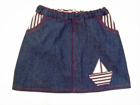 Handmade Jeansjupe mit Schiff-Applikation Marine Look