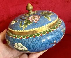 hübsche Cloisonné Dose blau mit Blumen und Vögeln✨unikat!