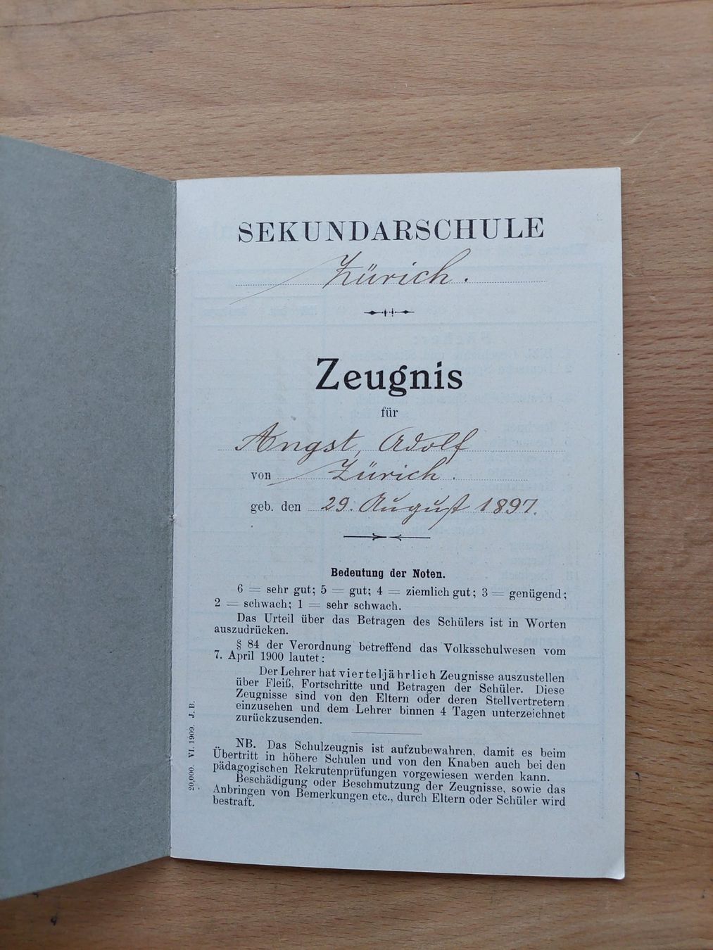 Documenti: Antikes Schulzeugnis Sekundarschule 1897 – Usato da Obfelden venduto da Foto_Bild_Kunst_Buch 1