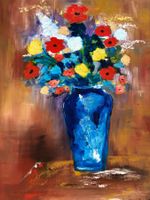 Blumen in blauer Vase, signiert, Ölgemälde