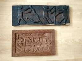 2 x Antike Holzschnitzerei Relief Handarbeit Afrika