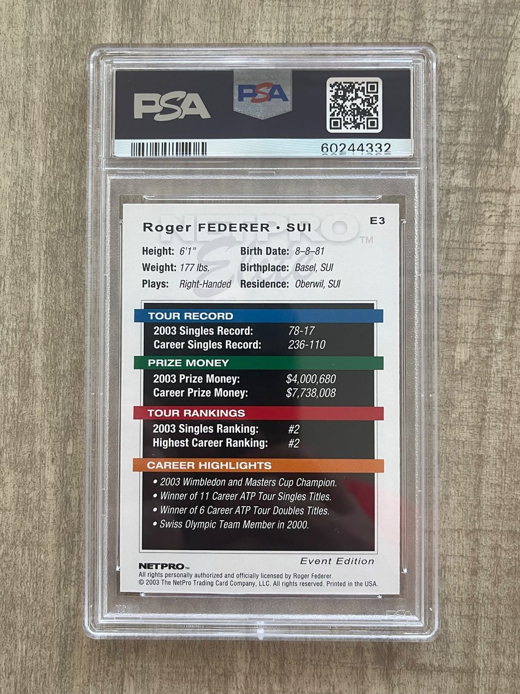Cartes à collectionner: 2003 Netpro Elite #E3 Roger Federer Event Edition PSA 10 – D'occasion à Thun par Suomitiger 1