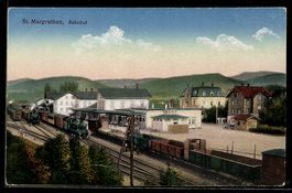 AK St. Margrethen, Blick in den Bahnhof mit Eisenbahnen