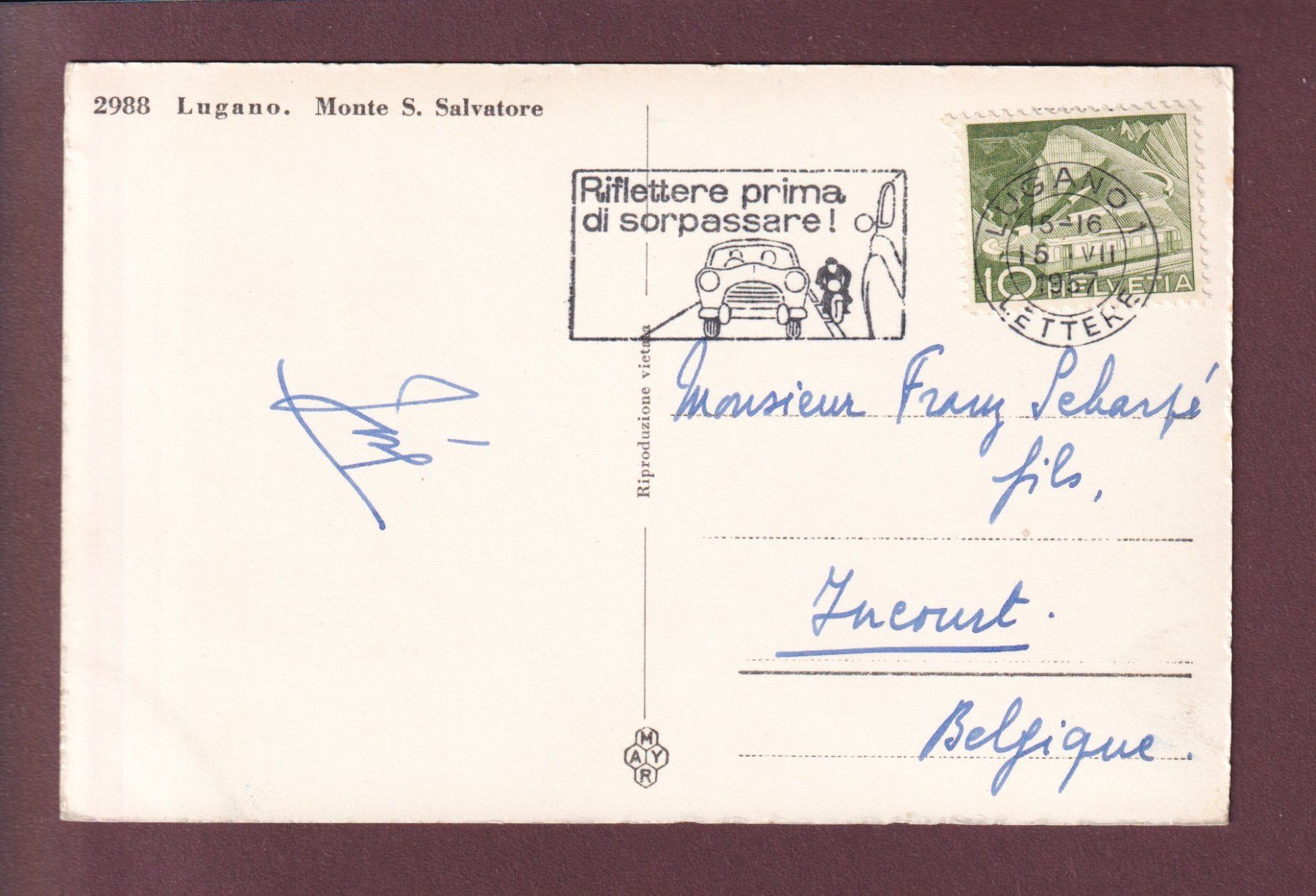 Cartoline postali: LUGANO - Monte S. Salvatore - 1957 – Usato da Pully venduto da nicecards 1
