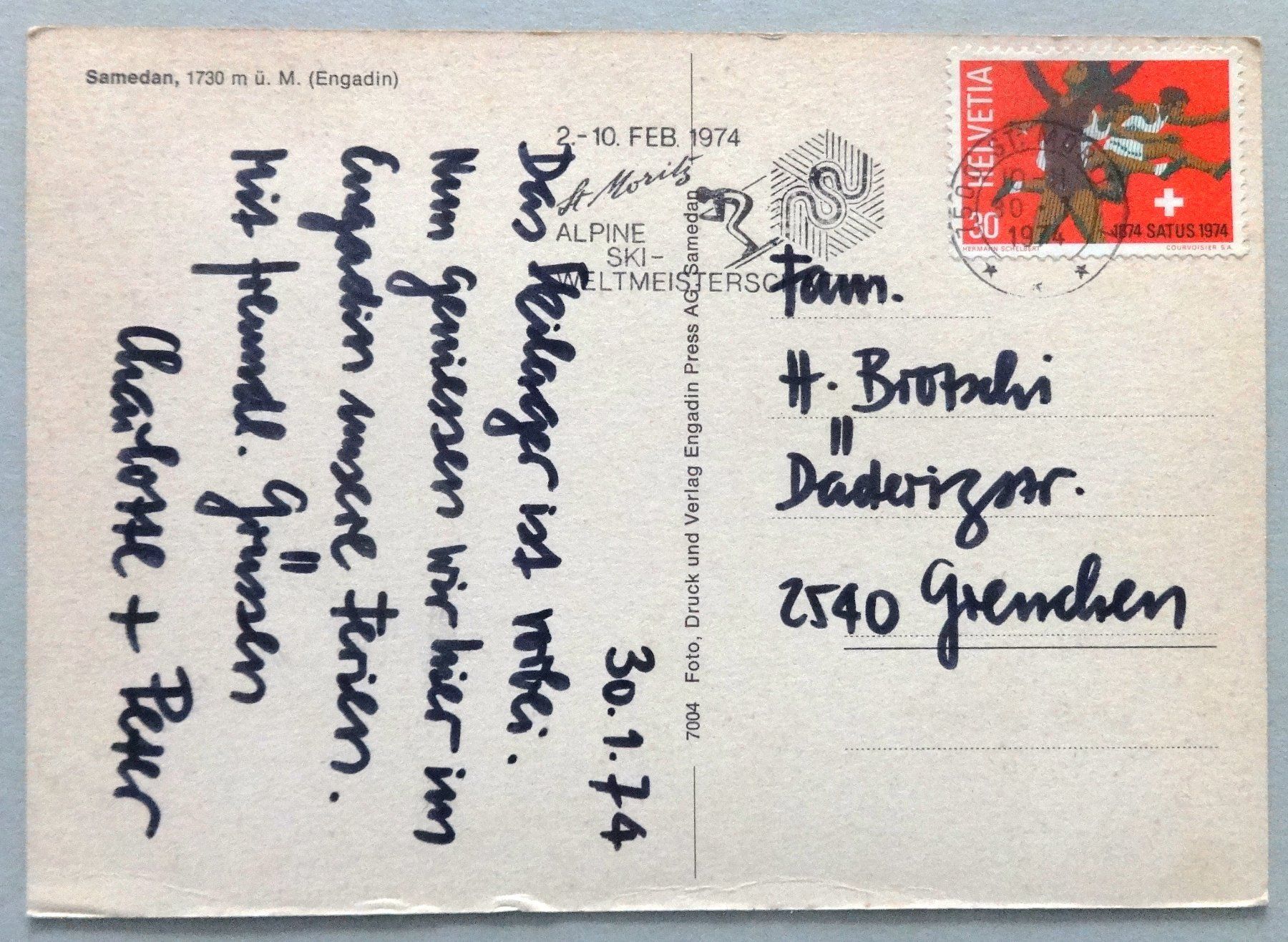 Cartoline postali: Samedan 1730 m ü.M. (Engadin) – Usato da Fétigny venduto da Billy2miny 1