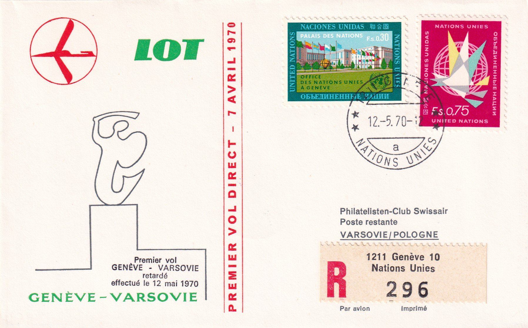 Tutti i francobolli: Premier vol Genève - Varsovie, retardé, 12.5.1970 – Usato da Birsfelden venduto da chr_yq2g