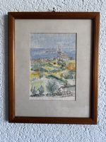Gerahmtes Aquarell Kirche Meer Landschaft
