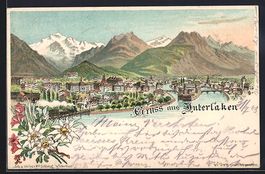Litho Interlaken, Stadtansicht um 1900