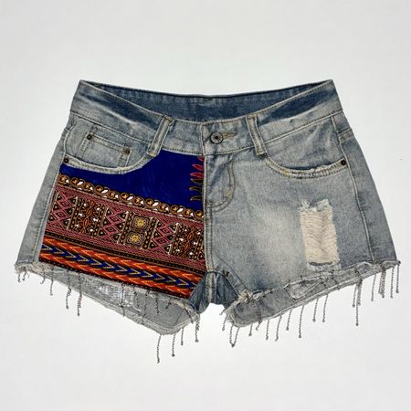 Boho Denim Shorts - Patchwork - Low Rise