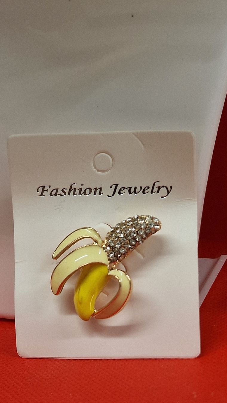 Spille & Fermagli: Brosche mit Strass besetzt Banane neu – Nuovo e nell'imballaggio originale da Herisau venduto da Antiques.AR