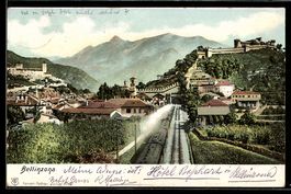 AK Bellinzona, Stadtansicht mit Zug und Burgen