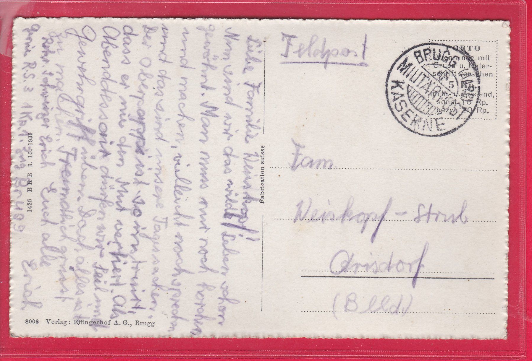Cartoline postali: BRUGG, NEUE KASERNE, MILITÄRPOST – Usato da Oberrieden venduto da Gebirgsstelze 1