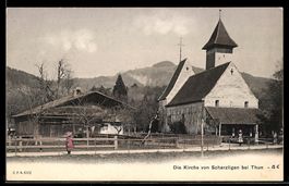 AK Scherzligen bei Thun, Kirche und Bauernhaus