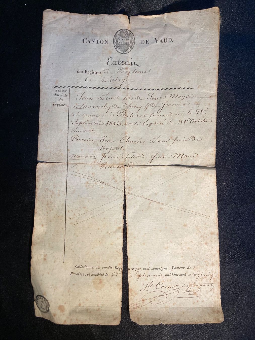 Documents: Document Extrait baptême Lavanchy Lutry 1813 – D'occasion à St-Cierges par LeRegain 1