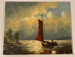 J. van Dyik Landschaftsgemälde signiert Segelboot auf See