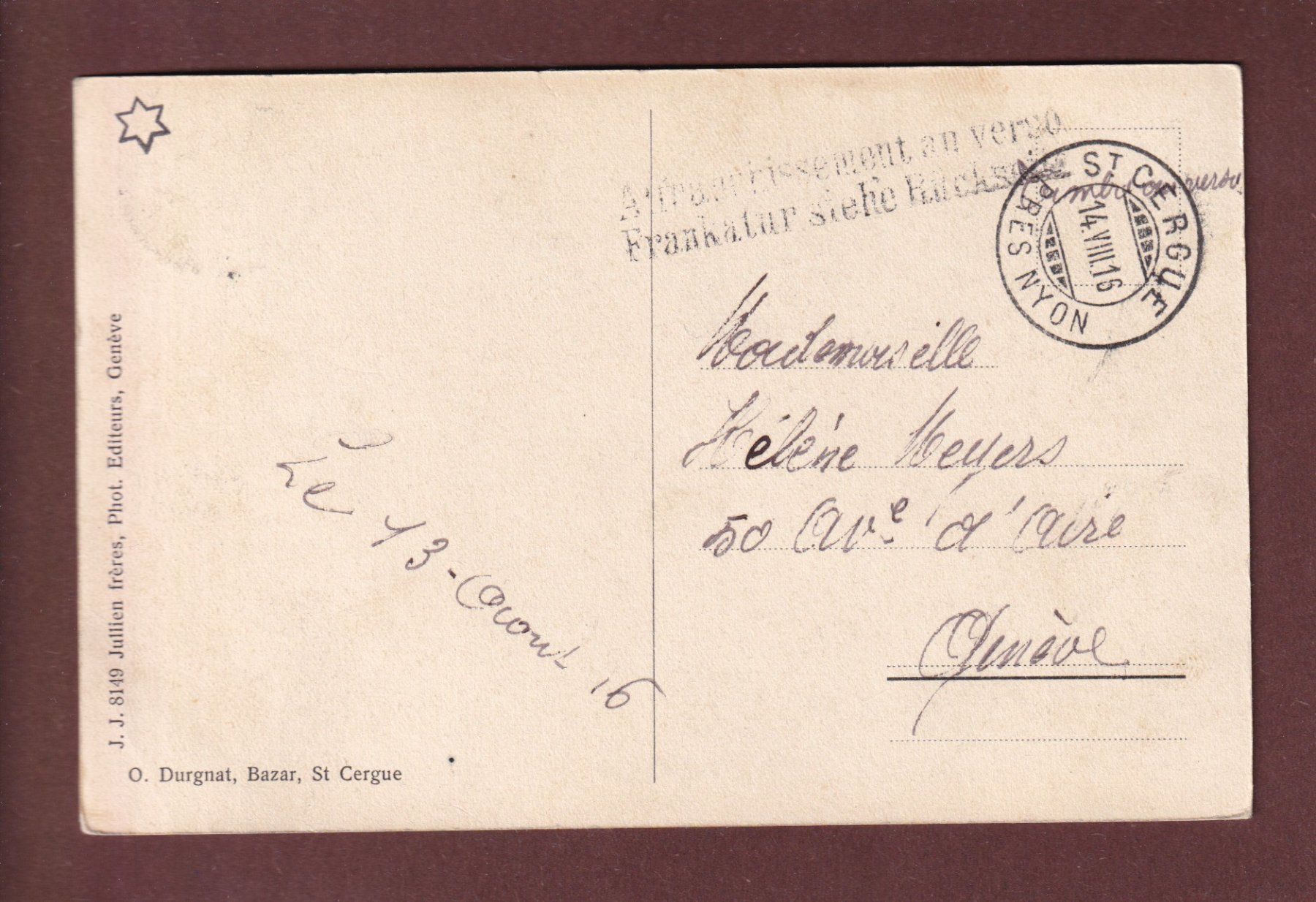 Ansichtskarten: SAINT CERGUE - 1916 – Gebraucht aus Pully von nicecards-shop 1