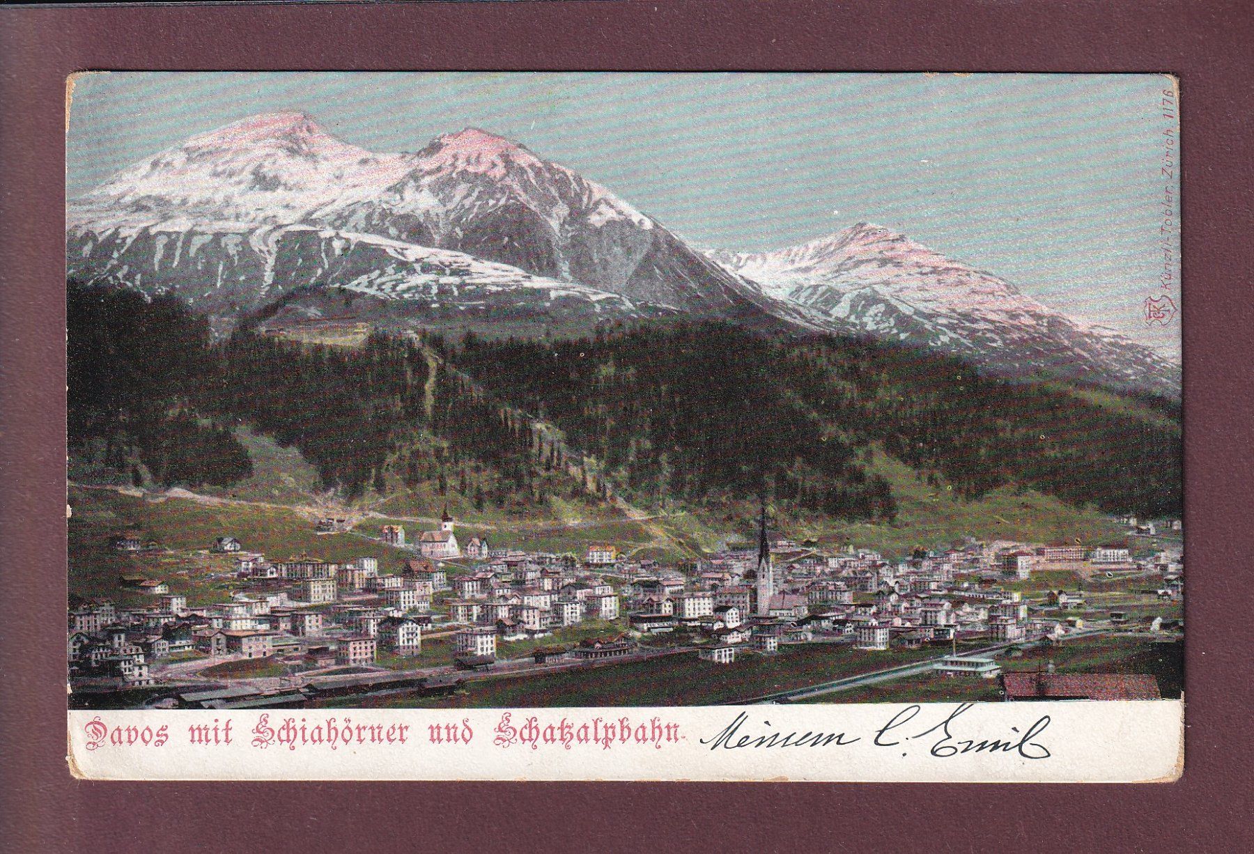 Cartoline postali: DAVOS - Schiahörner - Schatzalpbahn - 1903 – Usato da Pully venduto da nicecards