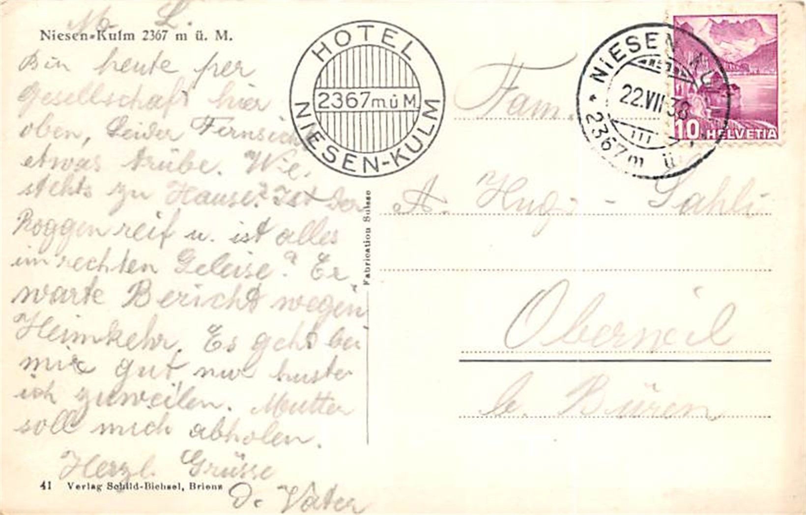 Cartoline postali: Niesen-Kulm – Usato da Ottikon b.Kemptth. venduto da Neptun1974 1