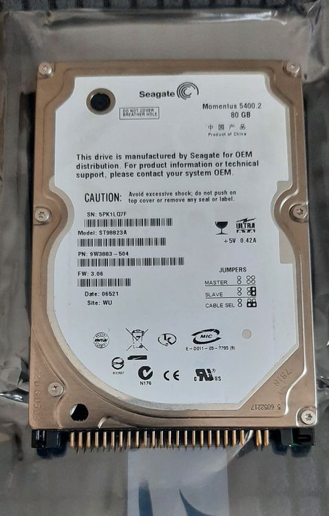 80 GB SEAGATE 5400 RPM IDE / P-ATA 2.5 ST98823A HDD Neue (Neu (gemäss ...