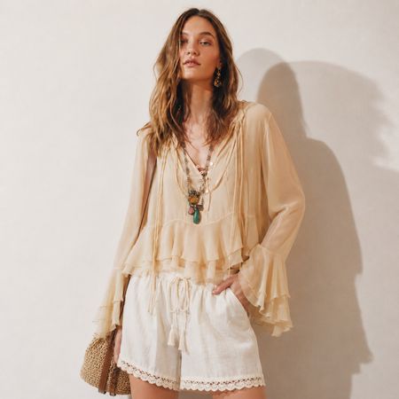 ZARA Bluse Boho mit Volant aus Viskose Gr.L (38) NEU 69.90
