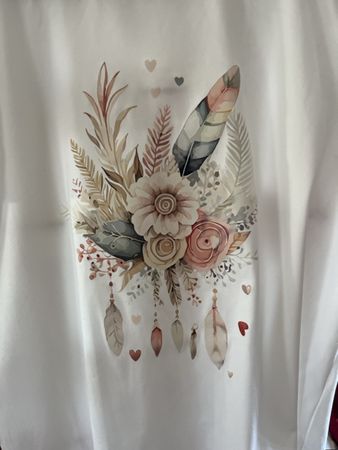 T-shirt blanc femme JINQILU taille S motif fleurs plume rose