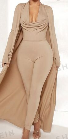 Sexy Jumpsuit mit Mantel beige  /  Grösse: S