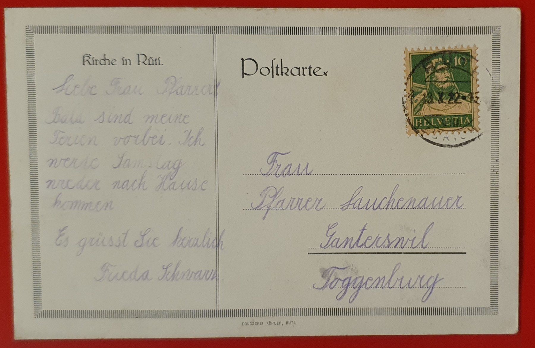 Cartoline postali: Rüti 1922 - Kirche – Usato da Kreuzlingen venduto da Rschweiz1 1