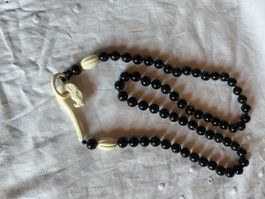 Vintage Kette Onyx Kugeln mit Knochenverschluss 